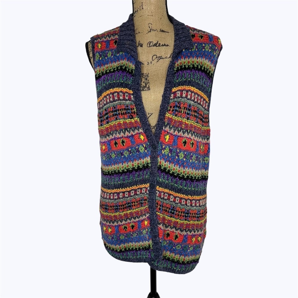 Susan Bristol Hand Knit Sweater Vest Multicolor Fair Isle Folk Vintage 90s Sz XL